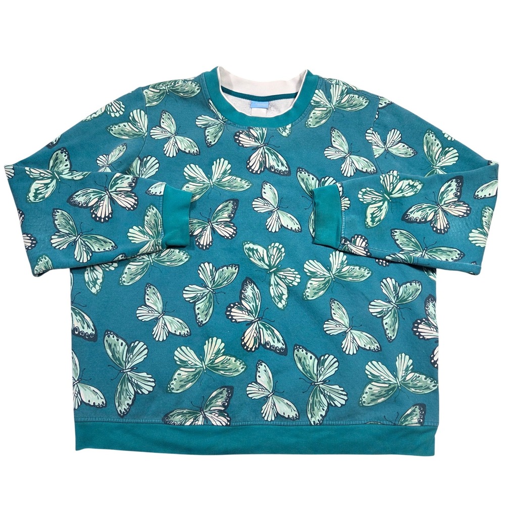 Vintage Comfort Corner Teal Butterfly Crewneck Sweatshirt Womens Cottagecore